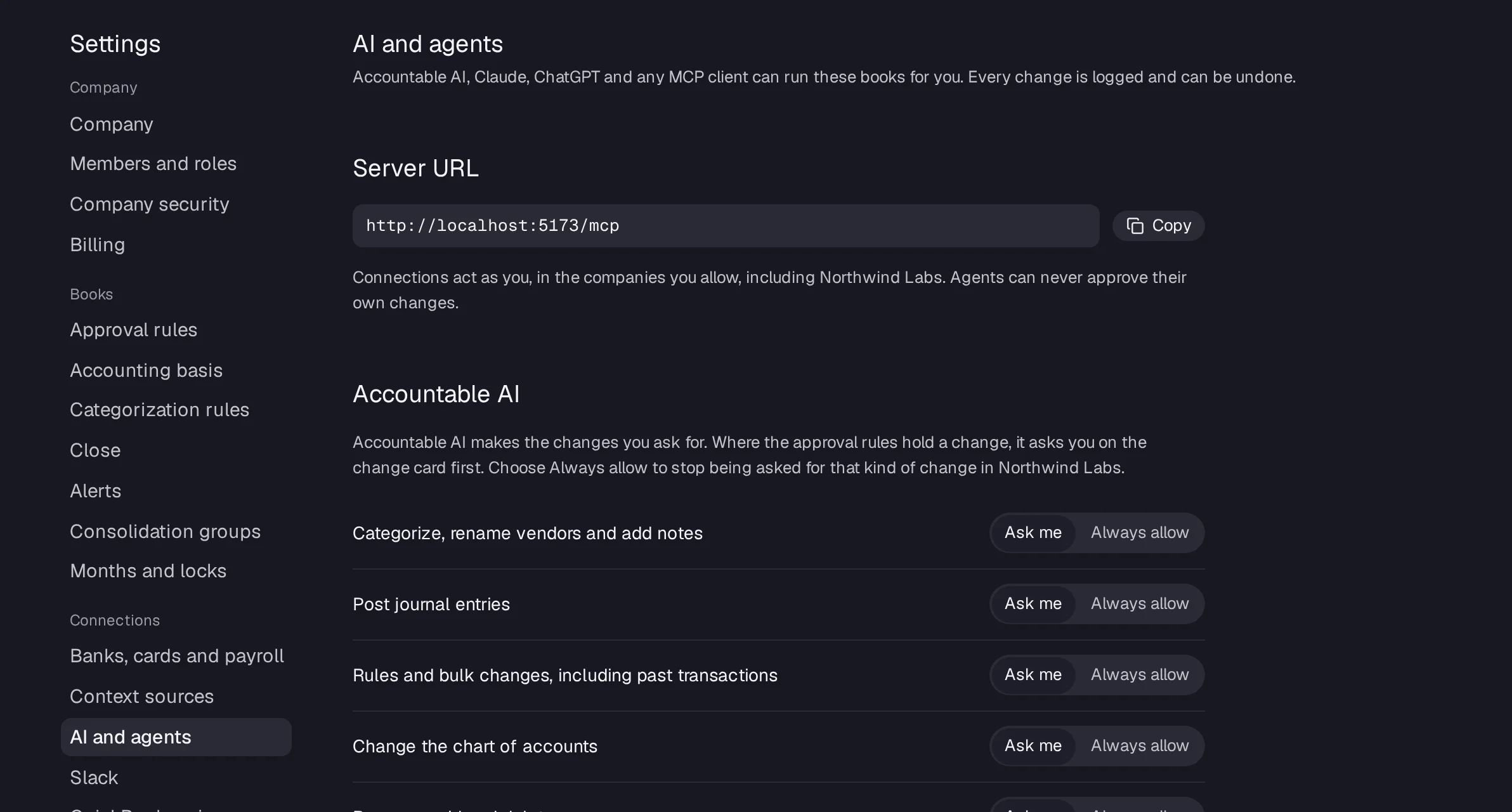 Settings › AI and agents with the server URL and the steps for Claude, ChatGPT and Cursor