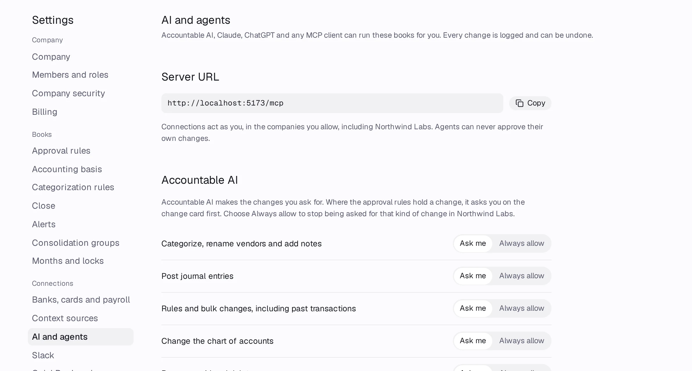 Settings › AI and agents with the server URL and the steps for Claude, ChatGPT and Cursor
