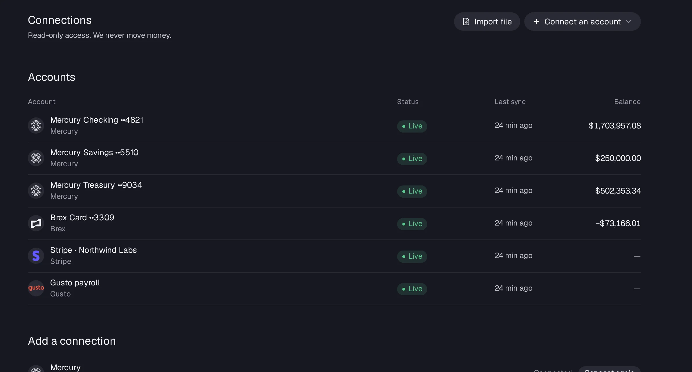 The Connections page with Mercury, Brex and Stripe accounts, each with its status and last sync