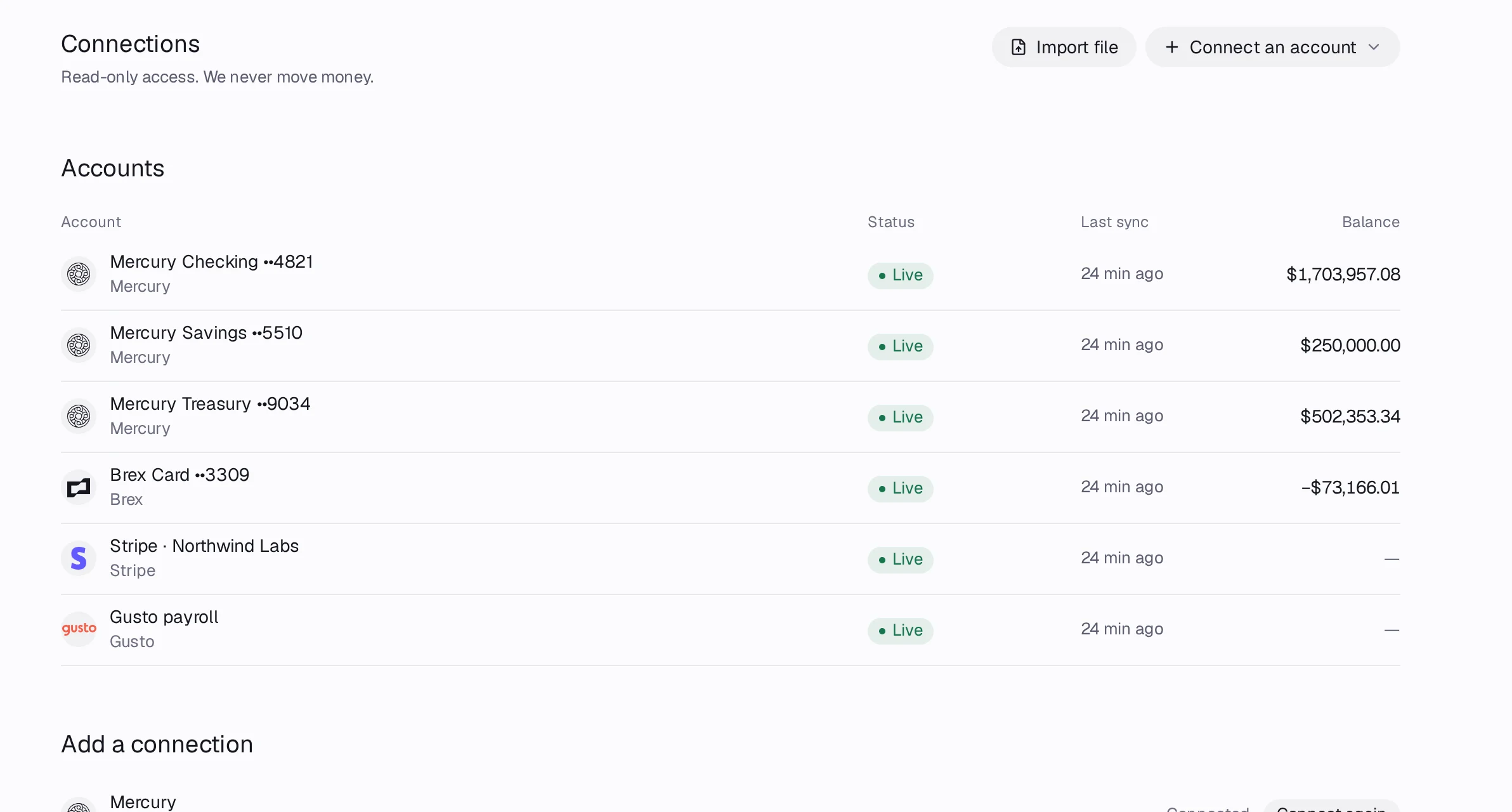 The Connections page with Mercury, Brex and Stripe accounts, each with its status and last sync