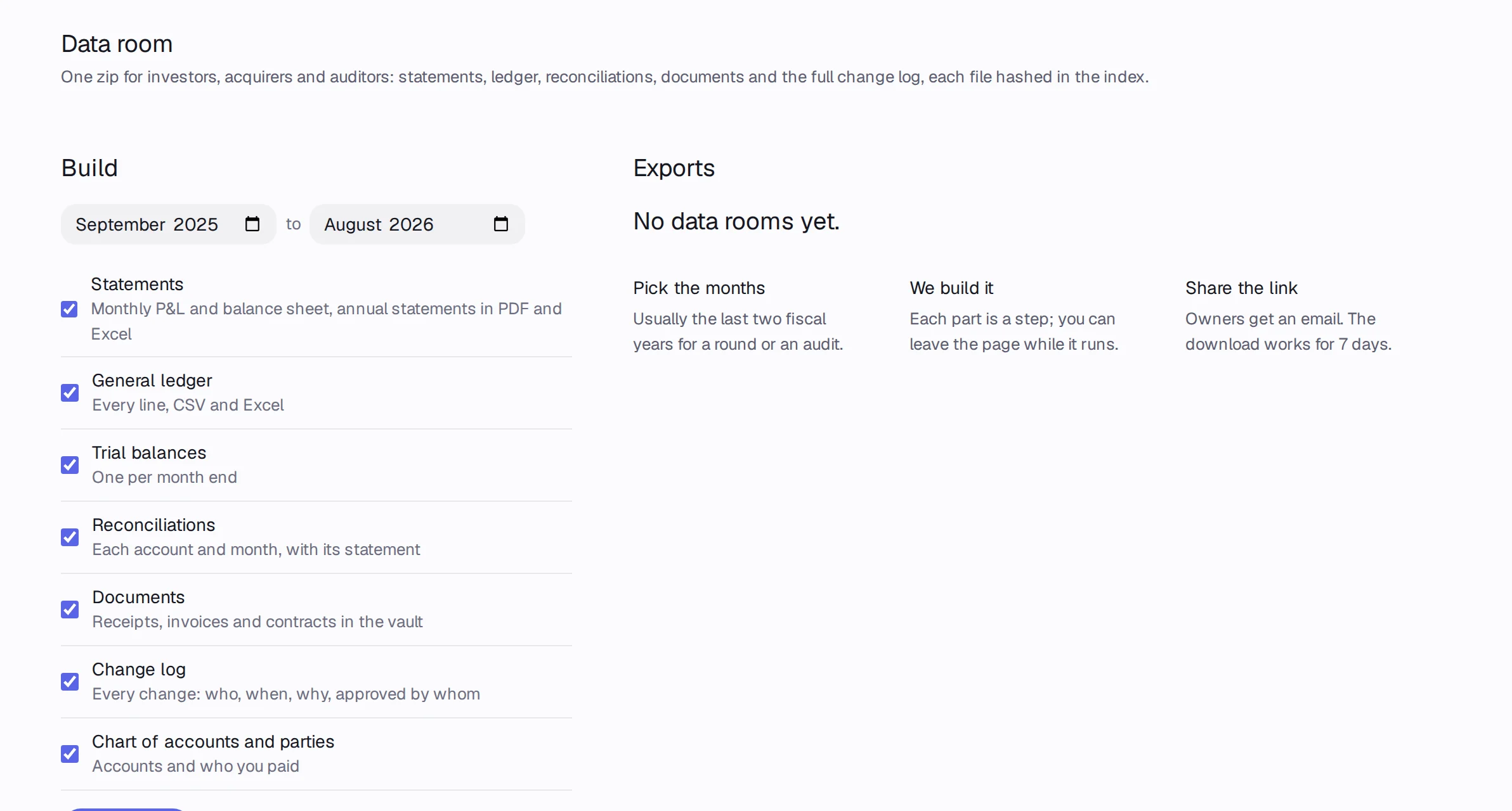 The data room export with its parts and a month range