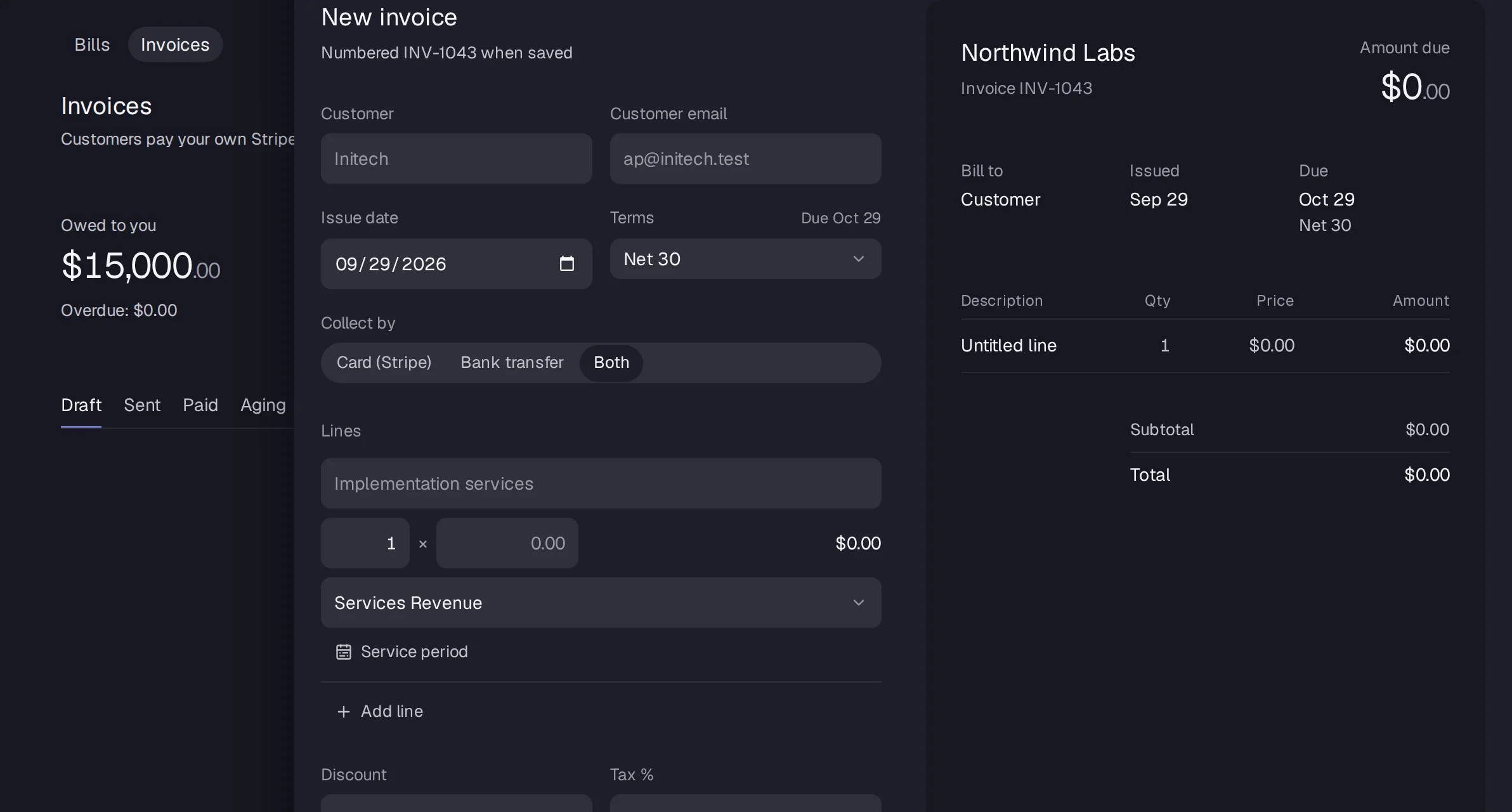 A new invoice with a customer, terms and two lines