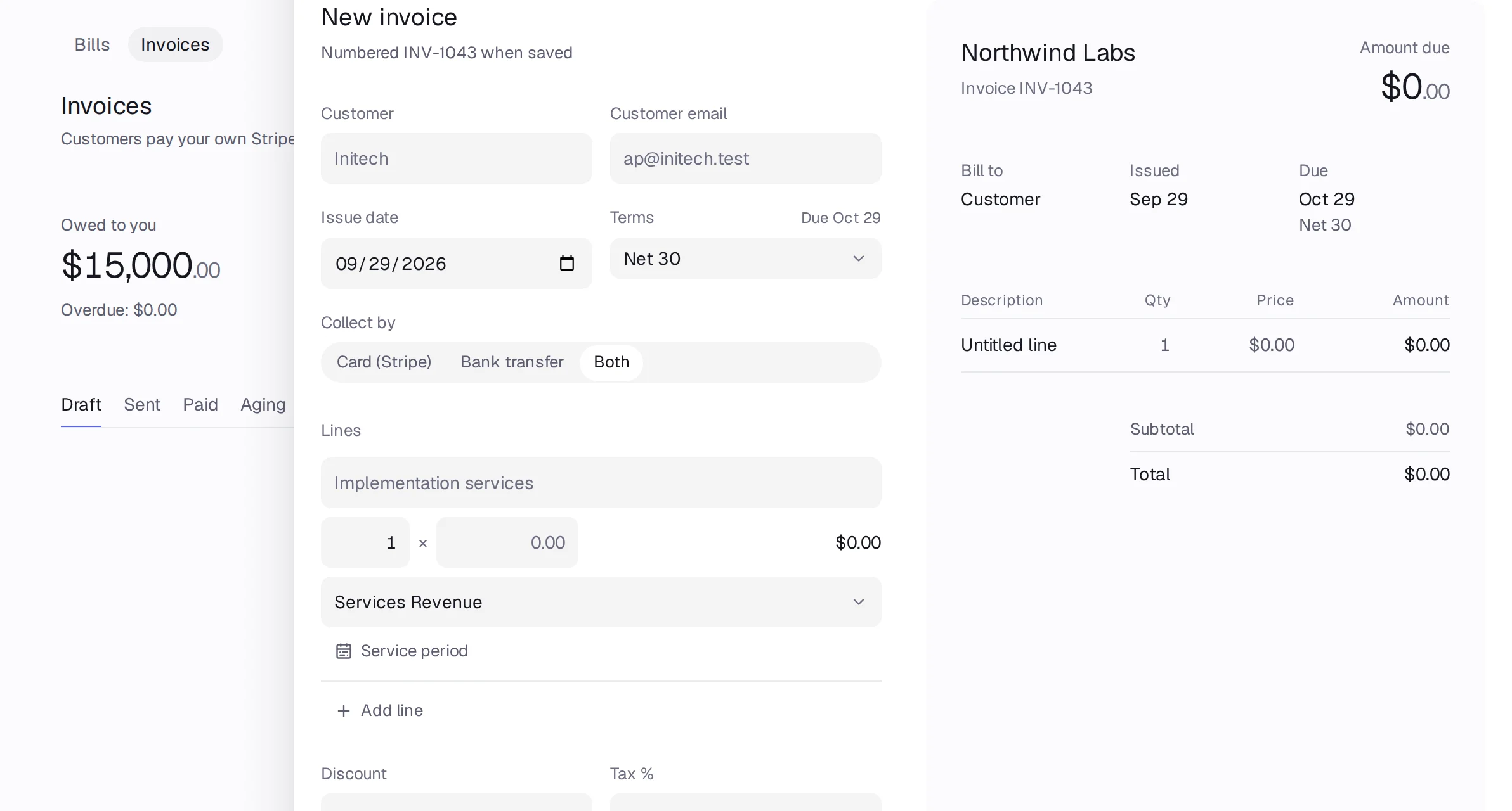 A new invoice with a customer, terms and two lines