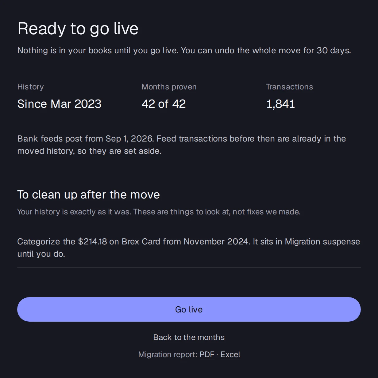 Ready to go live, with the history, the months proven, the transactions and what to clean up