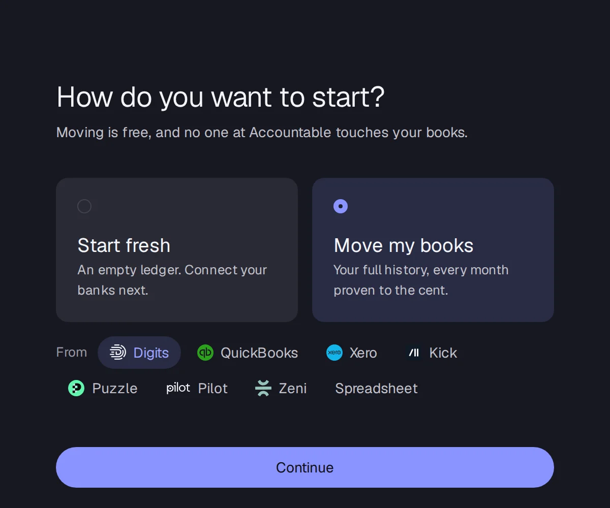 How do you want to start? with Start fresh, Move my books and the list of old tools