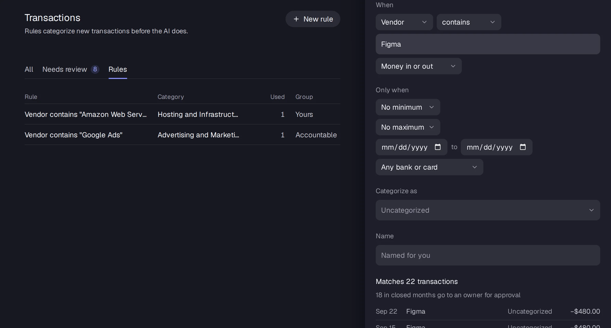 The rule editor with conditions, a category and a preview of matching transactions