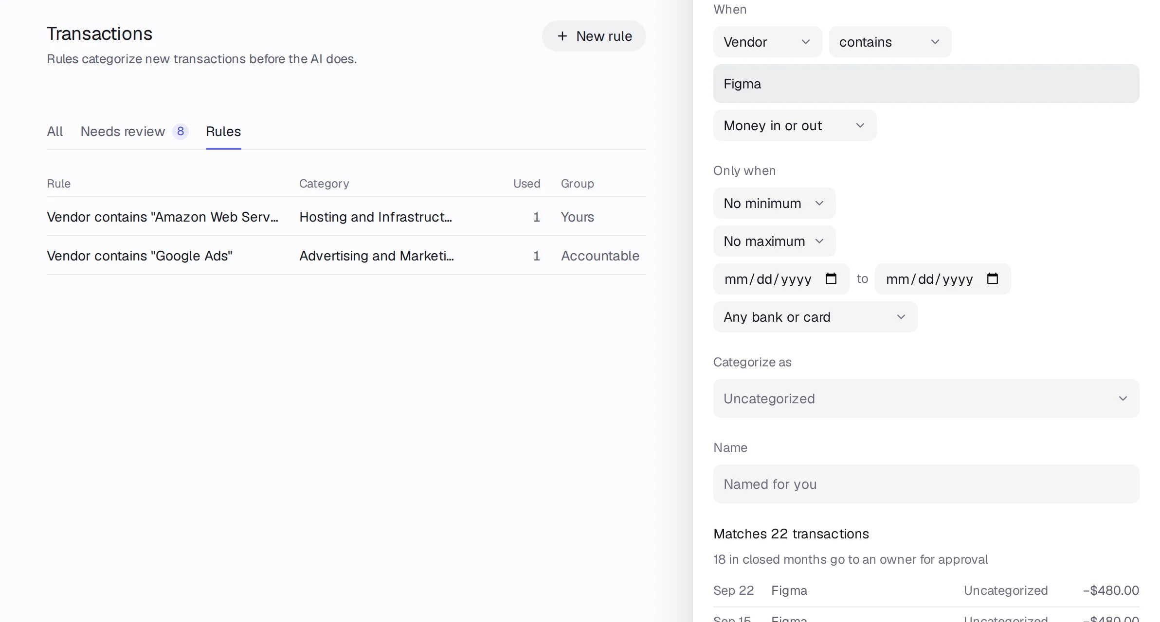The rule editor with conditions, a category and a preview of matching transactions