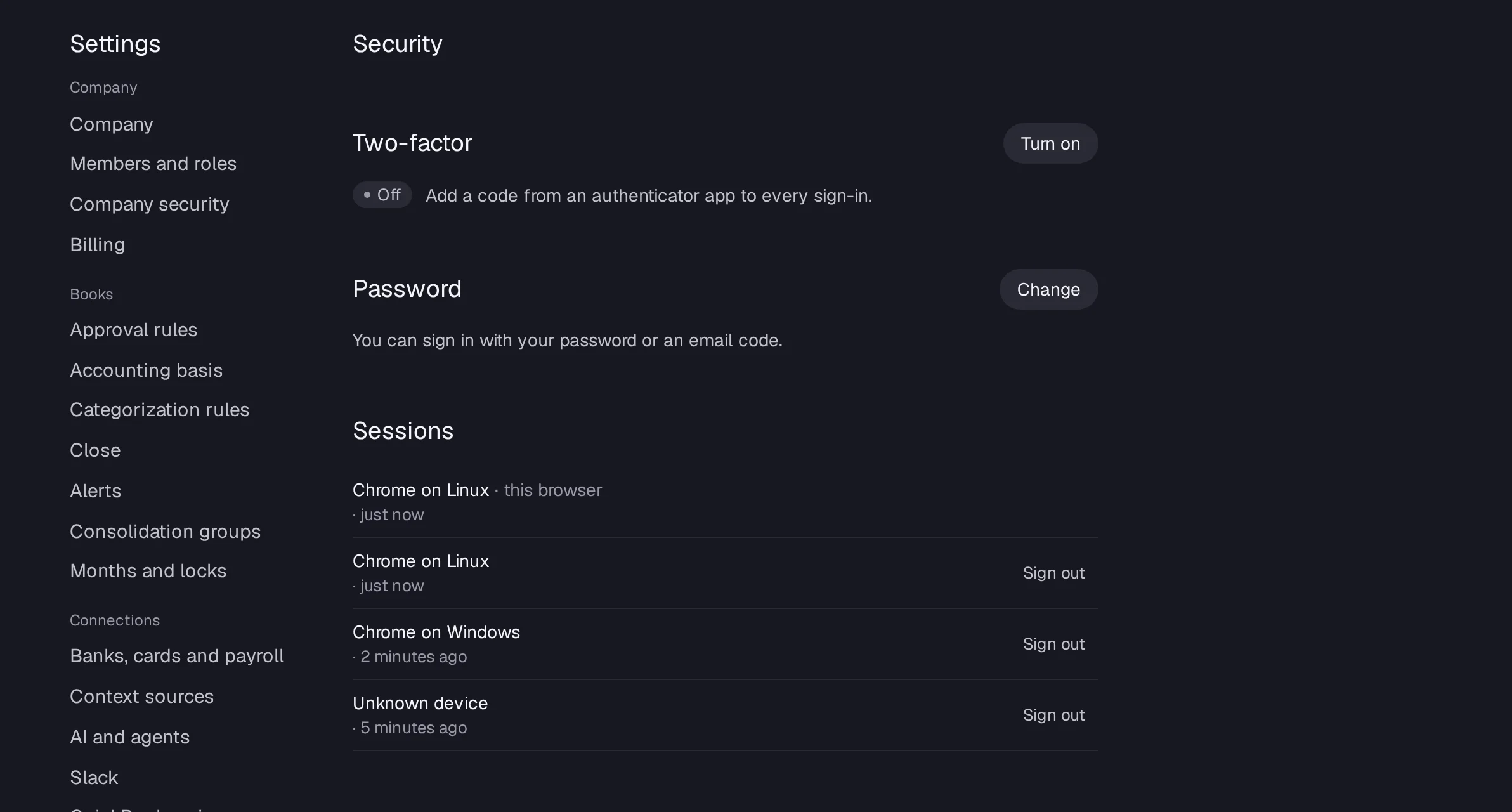 Settings › Security with Two-factor, Password, Sessions and Sign-in history