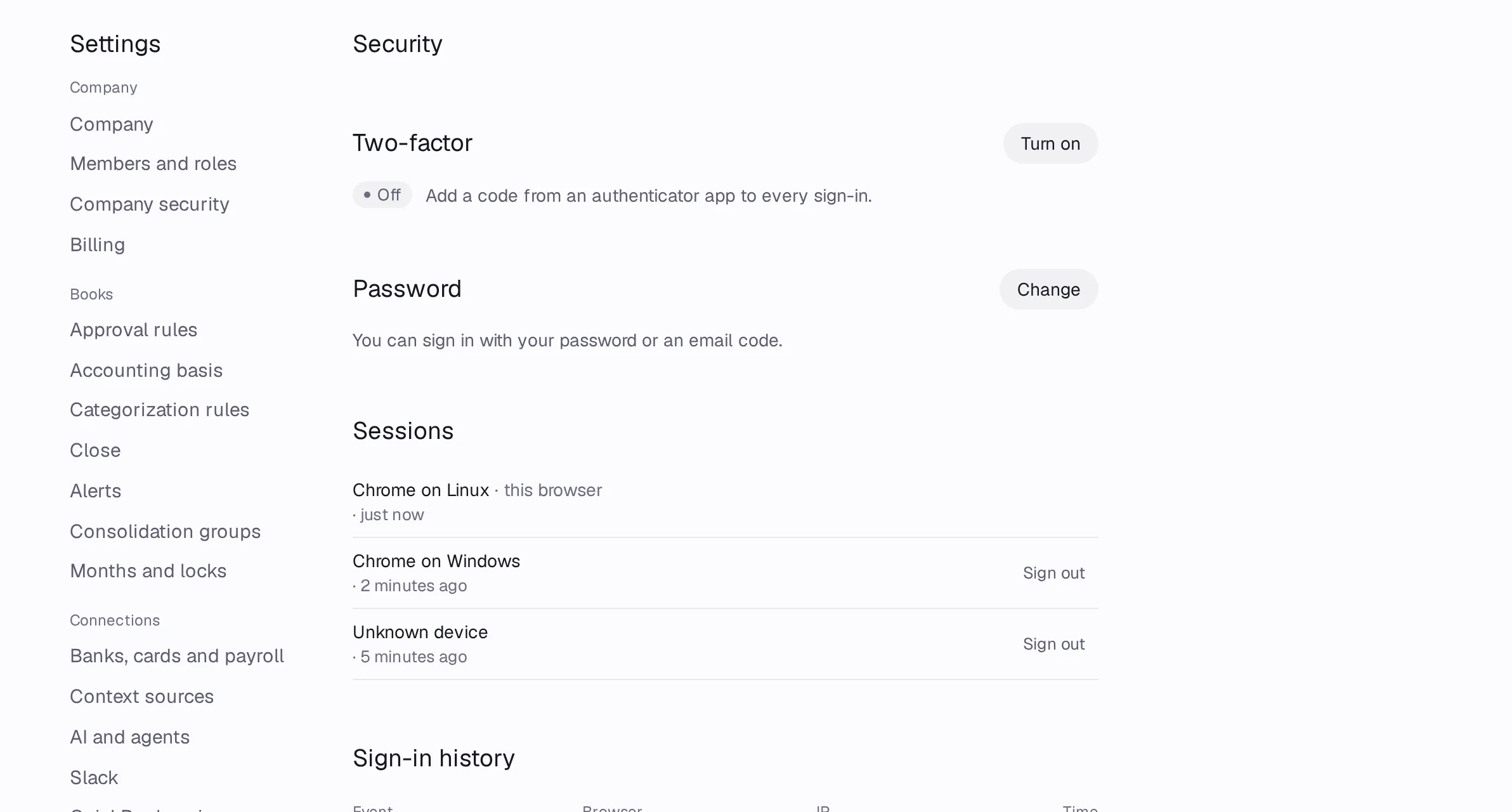 Settings › Security with Two-factor, Password, Sessions and Sign-in history