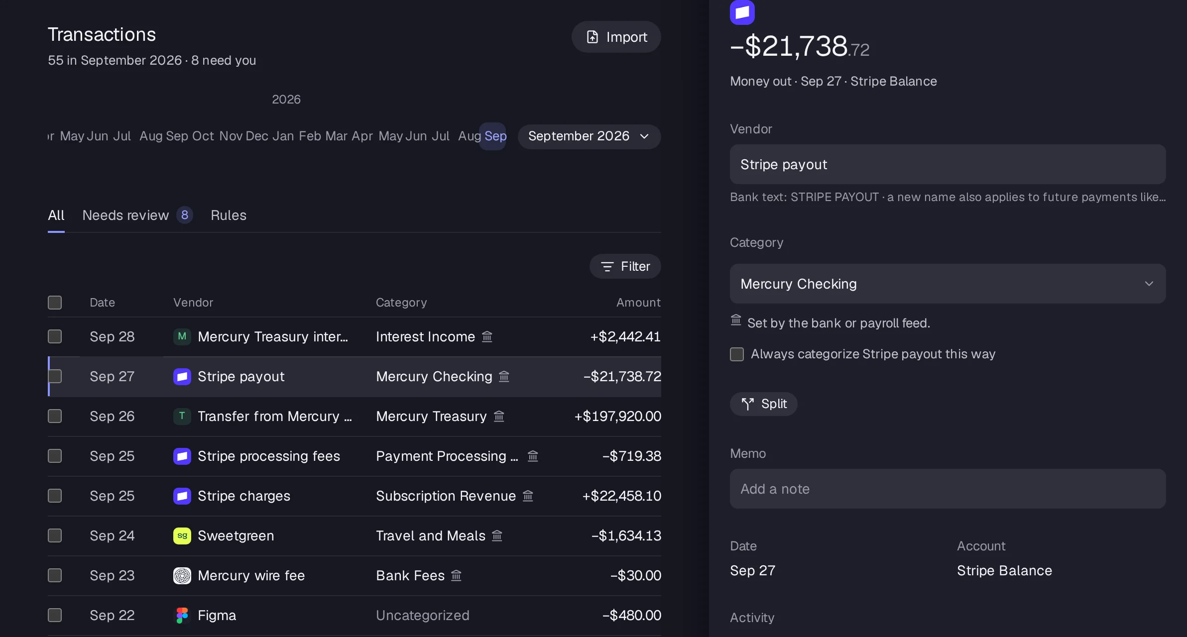Transactions with each row's category and the side panel explaining why