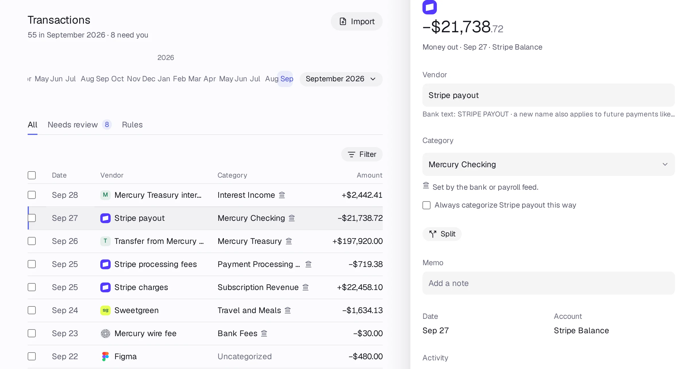 Transactions with each row's category and the side panel explaining why