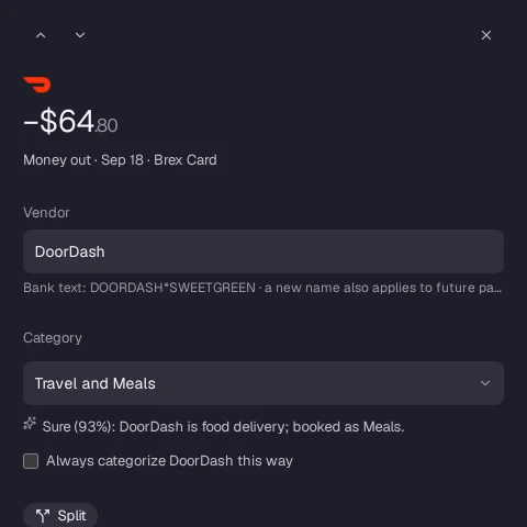 A DoorDash charge of $64.80 categorized as Travel and Meals, with the reason: sure (93%), DoorDash is food delivery.