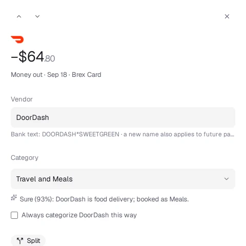 A DoorDash charge of $64.80 categorized as Travel and Meals, with the reason: sure (93%), DoorDash is food delivery.