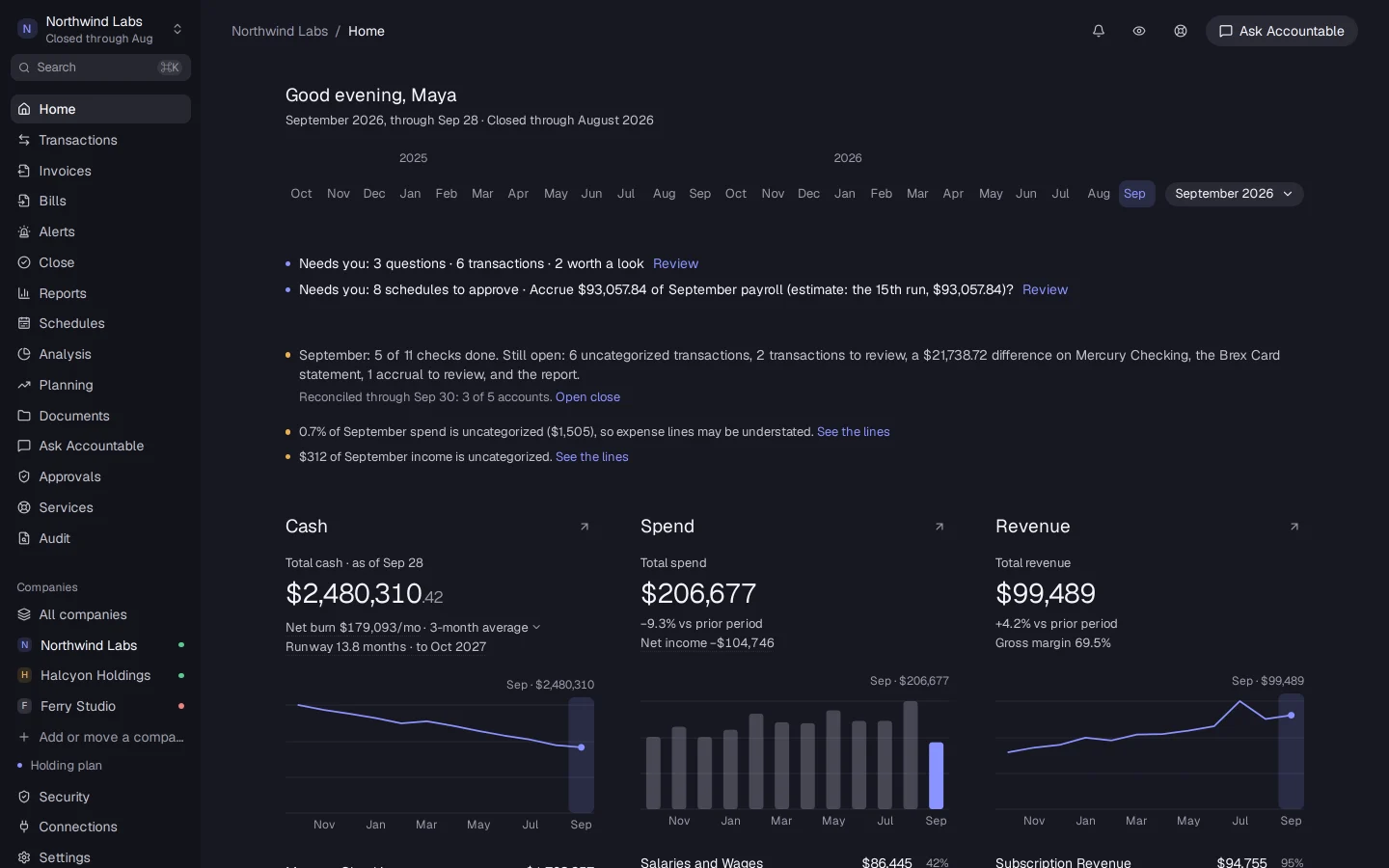 Accountable's home screen for Northwind Labs: cash of $2,480,310, net burn per month, runway in months and a short list of what needs a person, with the company switcher on the left.