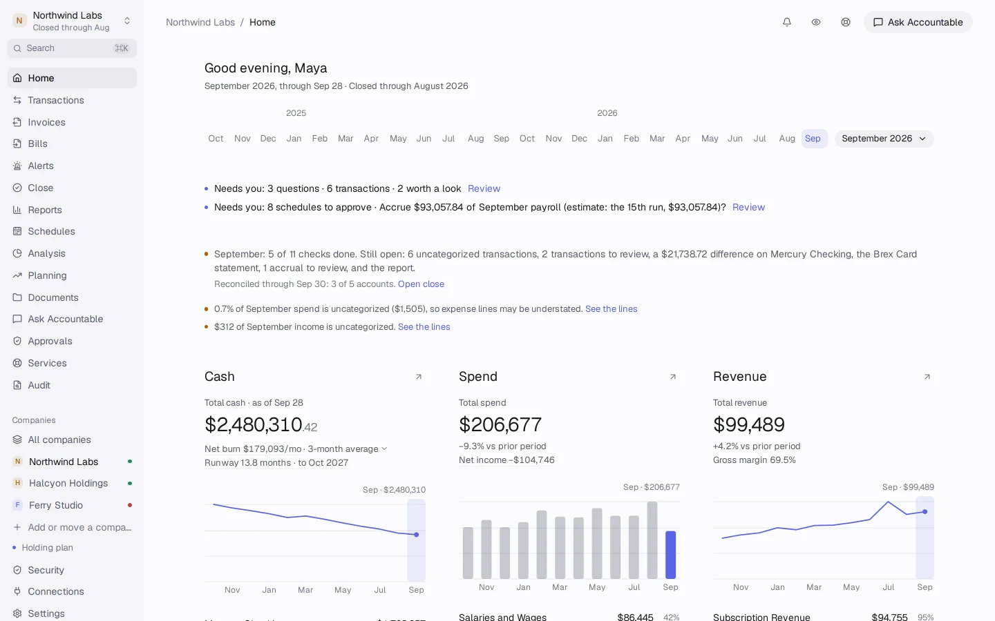 Accountable's home screen for Northwind Labs: cash of $2,480,310, net burn per month, runway in months and a short list of what needs a person, with the company switcher on the left.